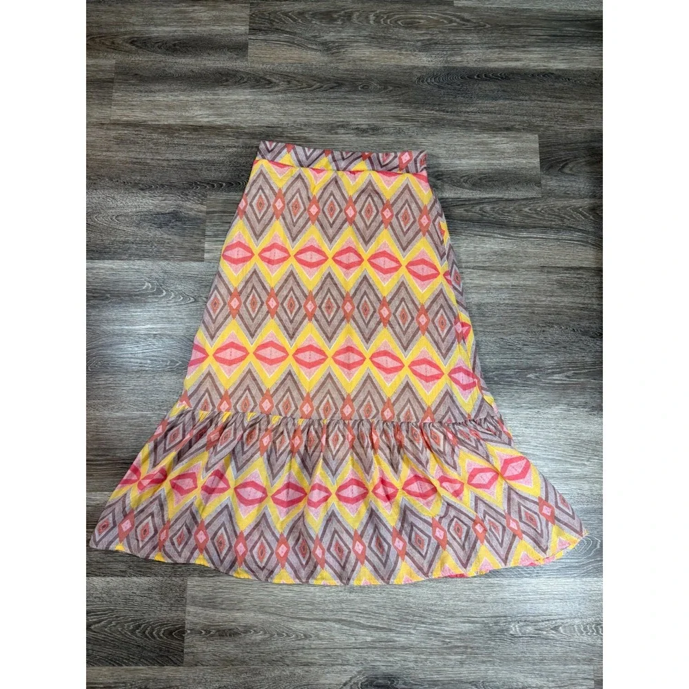 Mlle Gabrielle Tiered Maxi Skirt Womens Small Yellow Pink Geometric Print Ruffle